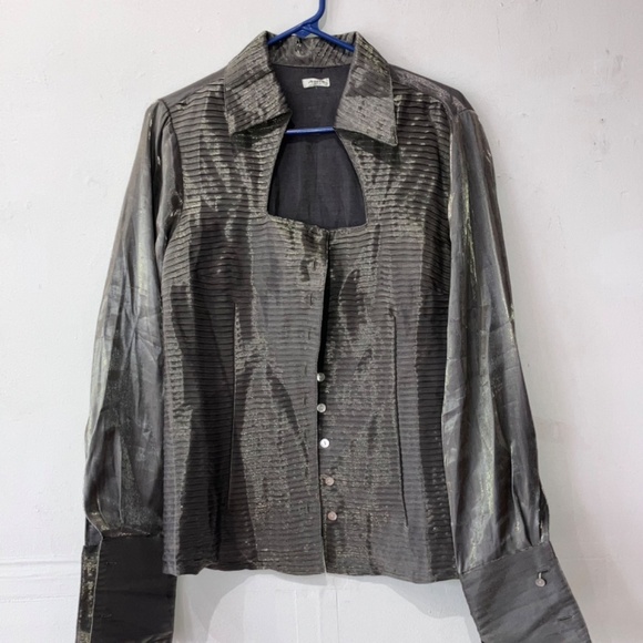 Iridescent, sage, green button-down blouse - Picture 3 of 12